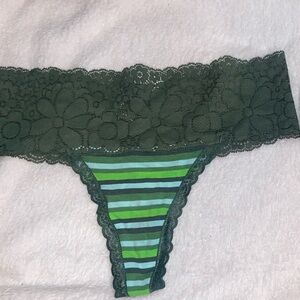 AERIE Candy Lace Top Thong Underwear Panties Sz S Green Stripes 95% Cotton NWT